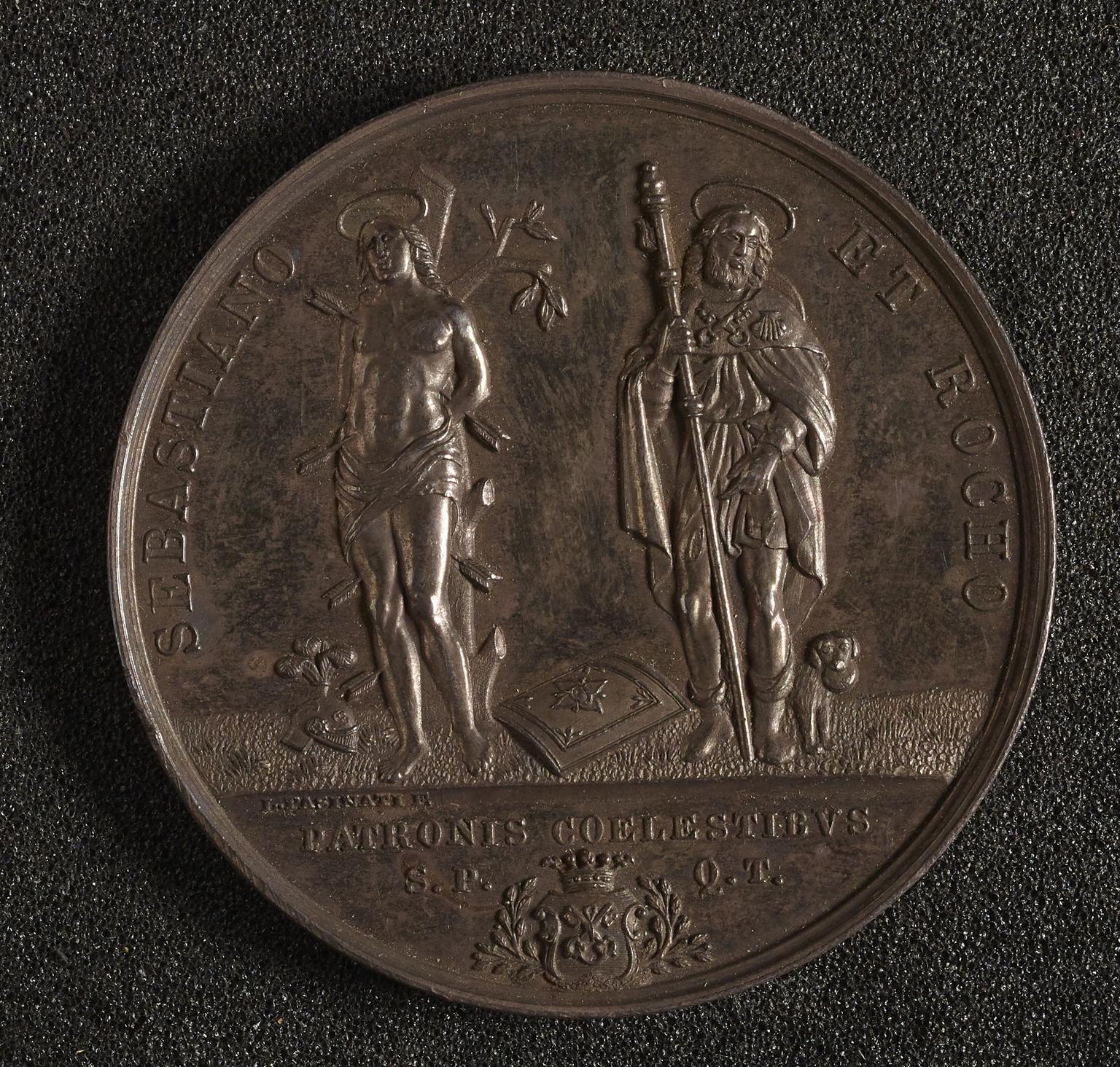 Silver medal issued by people of Tusculum to commemorate their patron saints Sabastian and Rocco